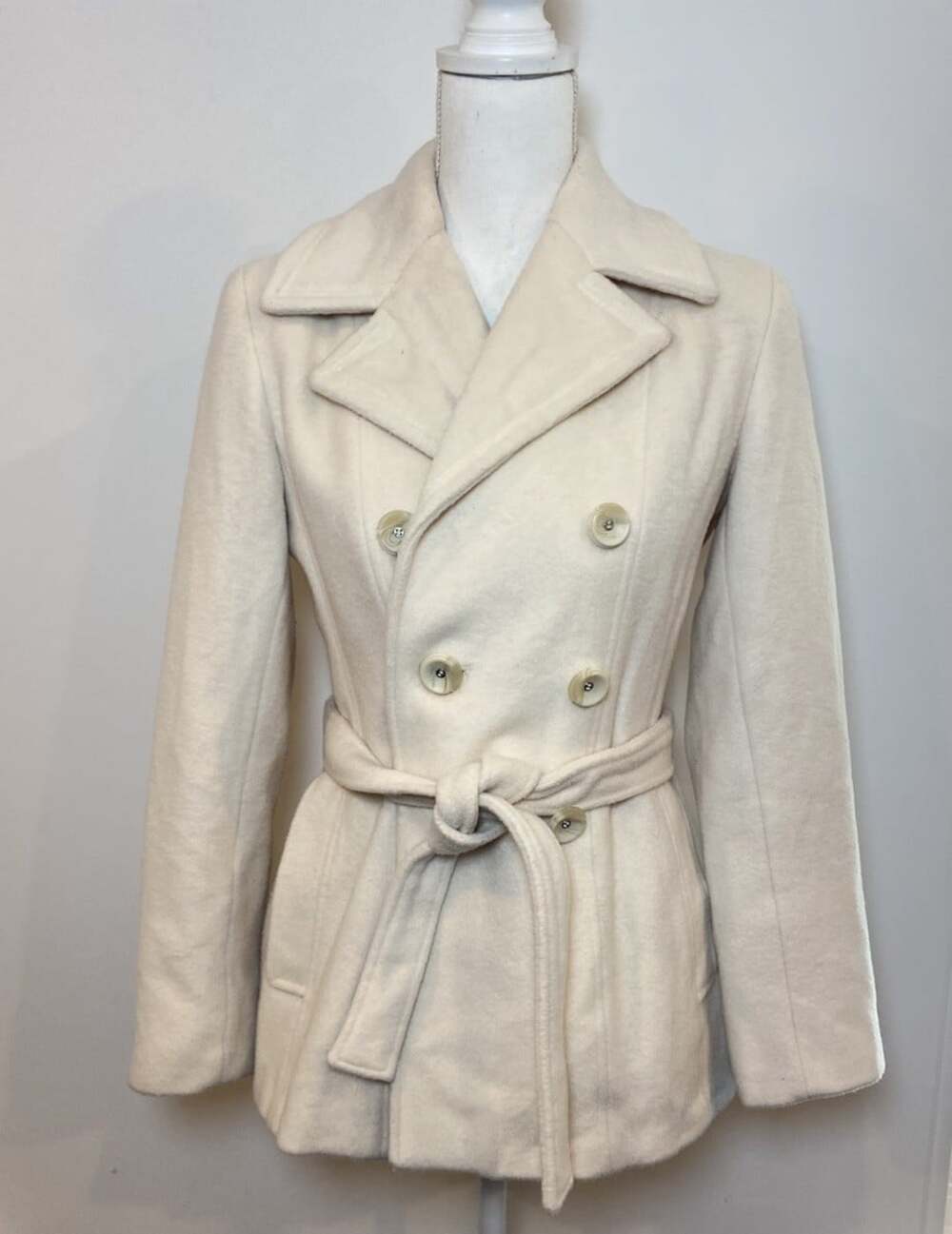 Calvin Klein Wool Blend Coat Belt Tie Waist Cream Size P2